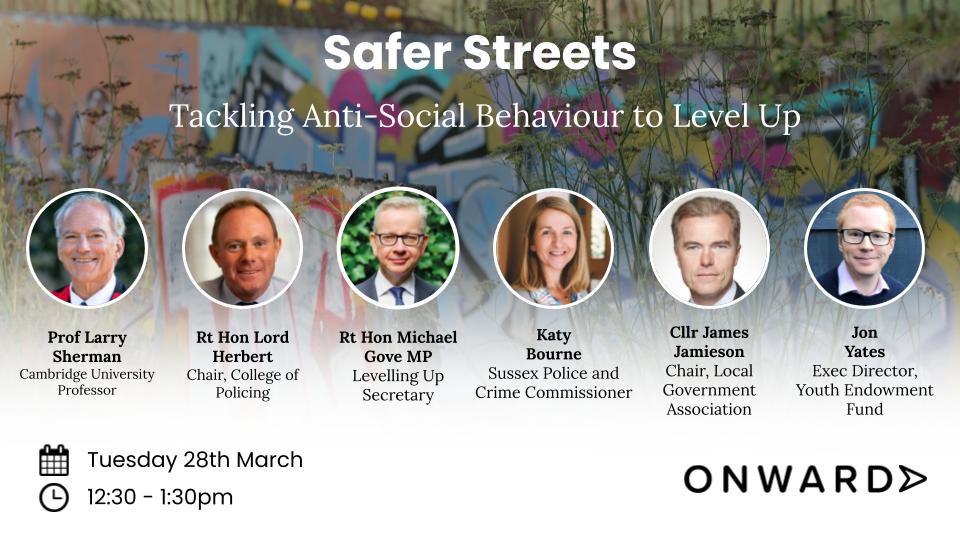 1 HOUR TO GO🚨 We are delighted to be joined by @michaelgove, @nickherbertcbe, Professor Larry Sherman, @KatyBourne, @JGJamieson & @jonpayatesOne for our online webinar, Safer Streets: Tackling Anti-Social Behaviour to Level Up. LIVE at 12:30 👉youtube.com/live/jH9Njbo0P…