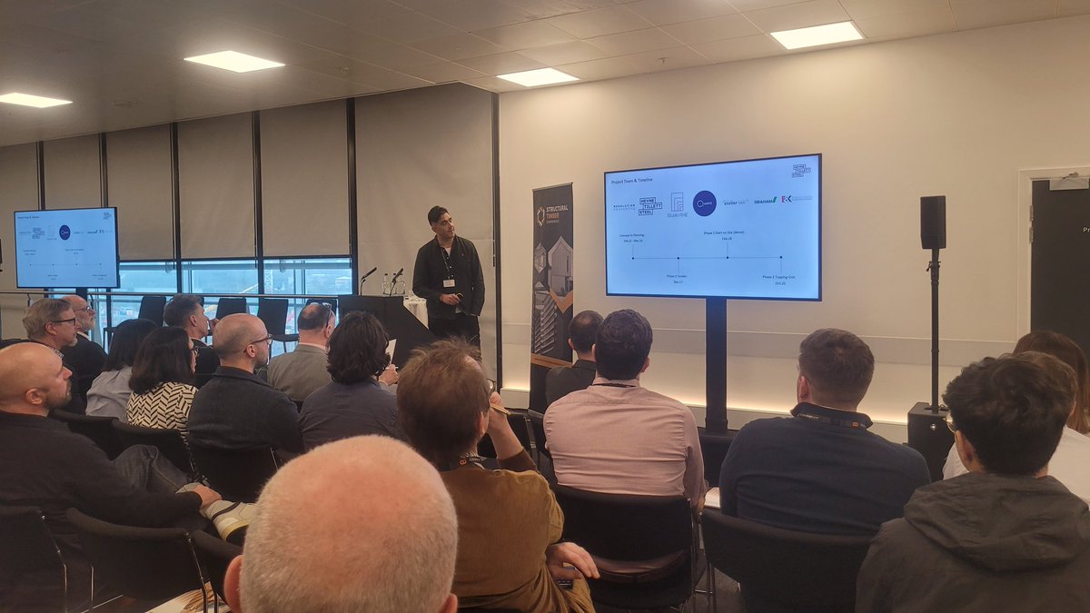 STConference23's tweet photo. Taking to the stage is Andy Heyne, @HeyneSteel who is delivering the first project case study of the day on their award winning “The Gramophone Works” #StructuralTimberConference #STAwards 2022 Winner https://t.co/Un8XYOPaEa
