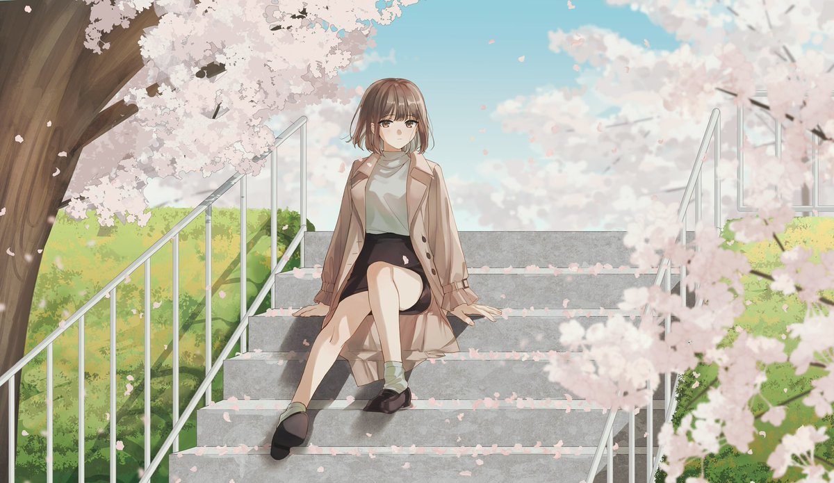 1girl cherry blossoms solo outdoors brown hair stairs sitting  illustration images