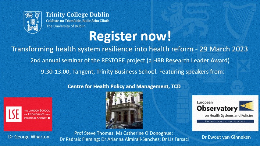 TCDhpm's tweet photo. TOMORROW! Our Restore team will be hosting their annual seminar on health system resilience and reform.
There's still time to register: https://t.co/fMT9Yw5kxz
Speakers from @LSEnews @OBShealth @hrbireland  @TrinityMed1 and @TCDhpm 
#thisistrinitymed https://t.co/KWB7ZxXFiL