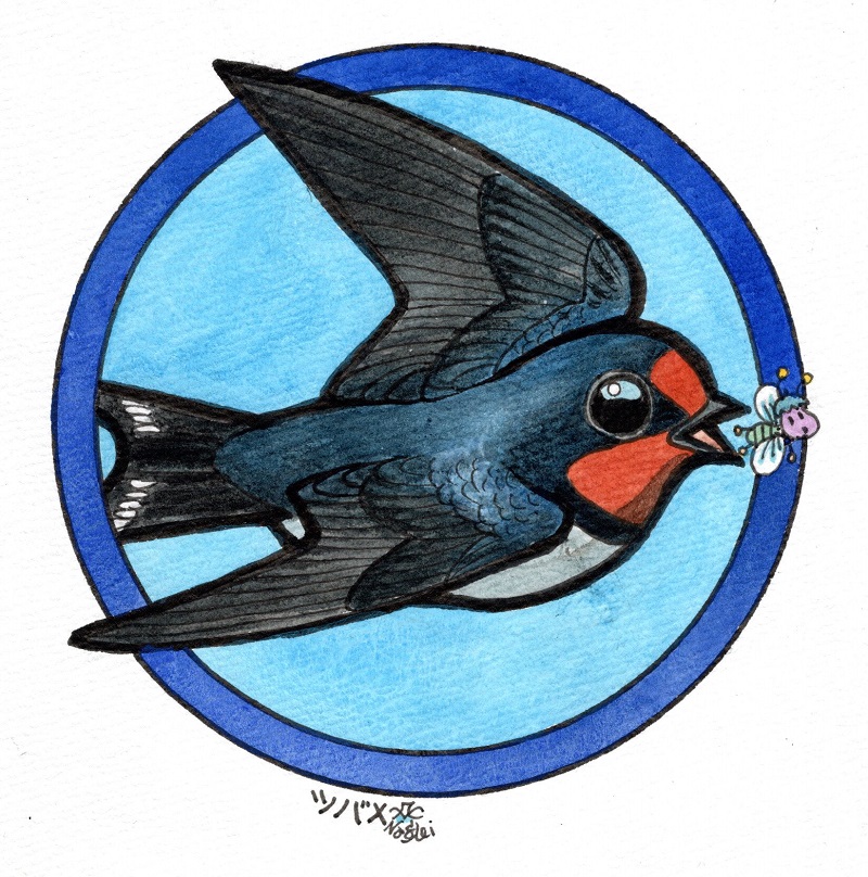 「昨日初認のツバメを「缶バッジの鳥たち」にしてみました。 」|富士鷹なすびのイラスト