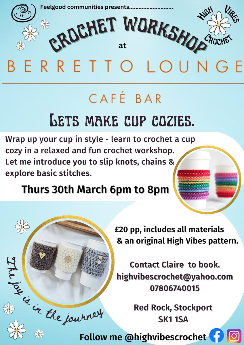 Get cozy at Berretto Lounge in Stockport with our upcoming crochet cup cozy workshop! Learn a new skill while sipping on your favorite drink. DM me to sign up now! #crochetworkshop #berrettolounge #stockport #craftingfun