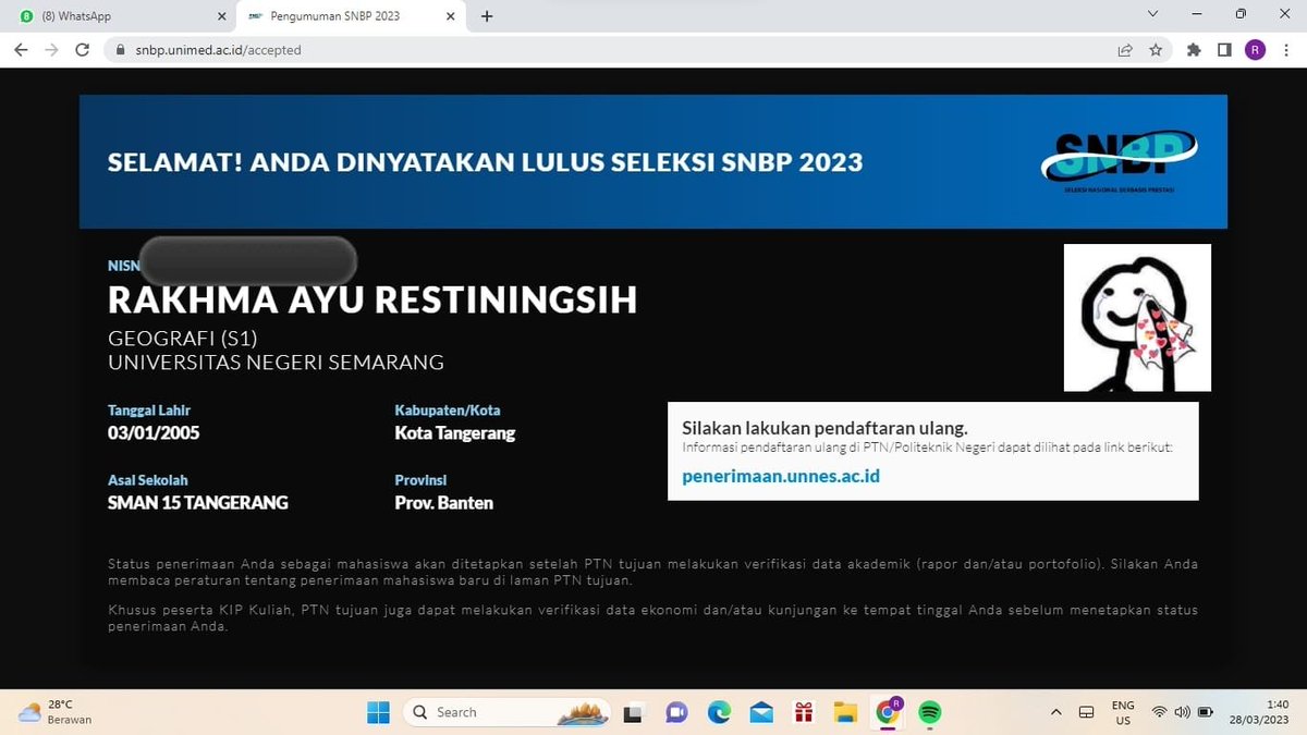 maltsii's tweet photo. alhamdulillah ya Allah, padahal tadi udah ikhlas gpp banget pikirku kalo emang dapet merah, tapi ternyata Allah berkehendak izinin aku untuk lolos😫😭🤍🦋✨💐
#snbp23 https://t.co/VSN4WHdogk