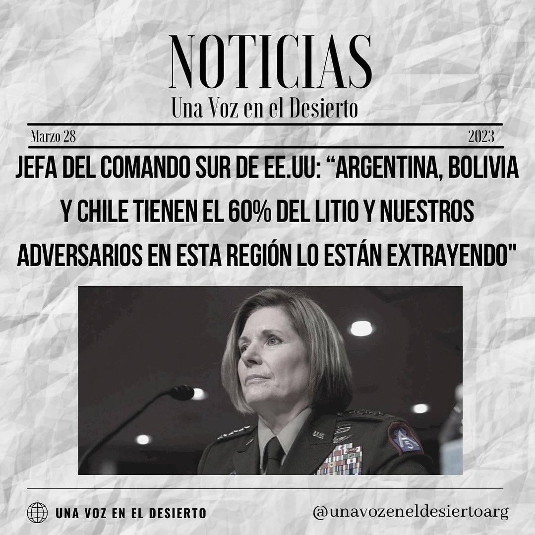 La jefa del Comando Sur de EE.UU., Laura Richardson, se quejó de que otros países extrajeran recursos de América Latina y, en particular, el litio en el llamado ‘triángulo del litio’. Durante su intervención ante el Comité de Servicios Armados 

#eeuu🇺🇸 
#americalatina 
#litio