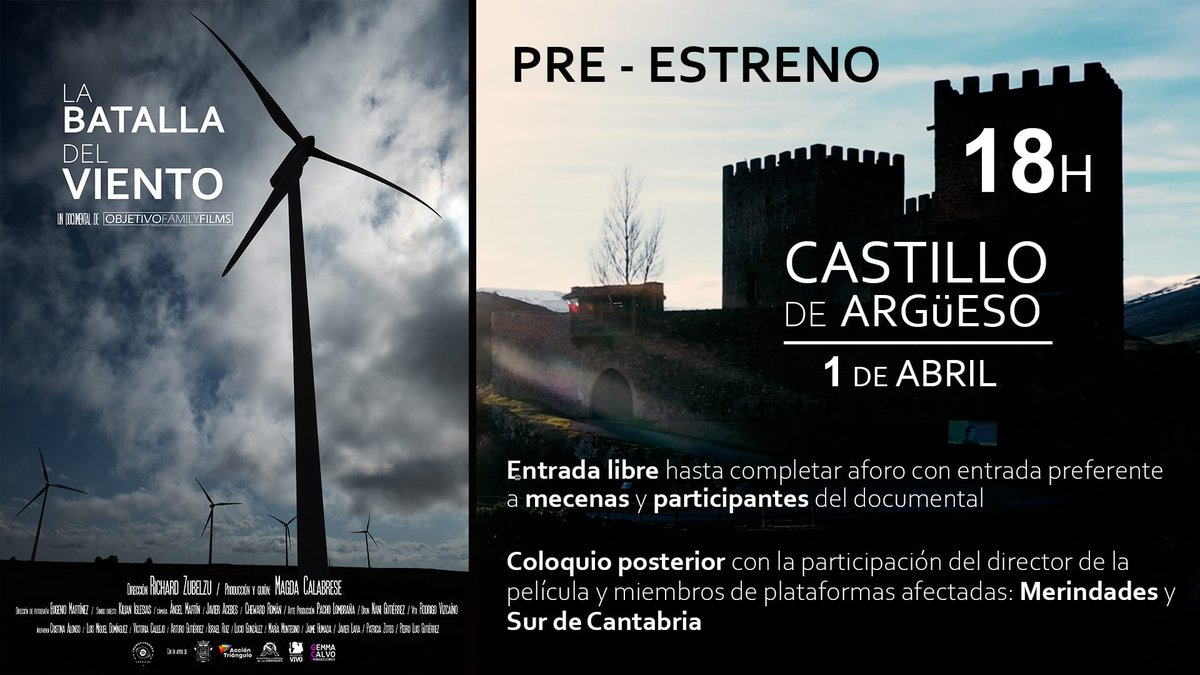 Pre-estreno del documental “La batalla del viento ' en Castillo de Argüeso.
El sábado, 1 de abril, el Castillo de Argüeso acoge esta película de @richardzubelzu sobre la transición energética. 
ℹ️ castillosdeargueso.com 
#castillodeargüeso 
#eolicos