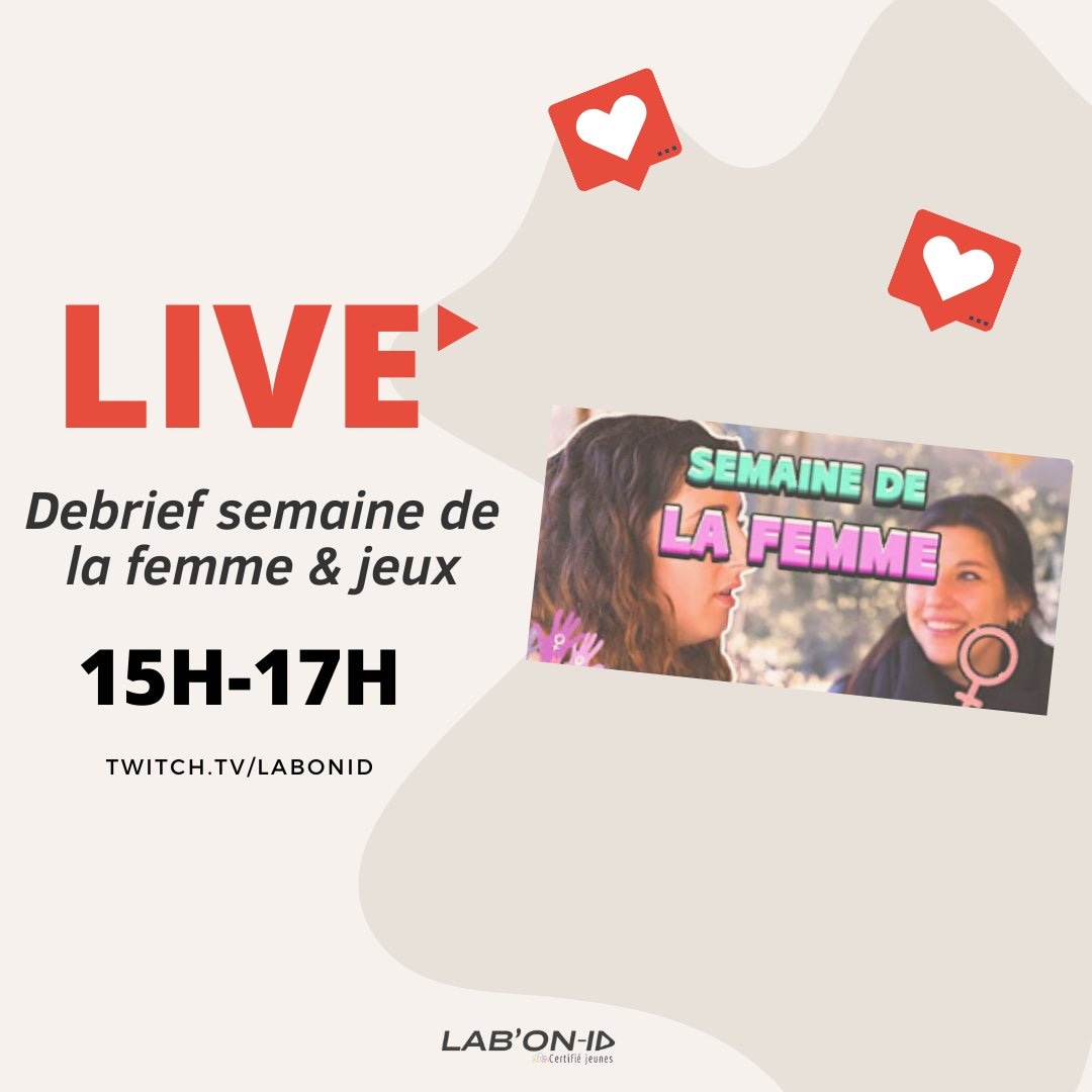 lab_onid's tweet photo. Nouveau LIVE à 15h ! 🎥

Au programme debrief sur la semaine de la femme et petits jeux ! 

On vous y attend à 15h sur https://t.co/cS2t3QjzKP 

#live #twitch #labonid #semainedelafemme https://t.co/3IWnx7FJBh