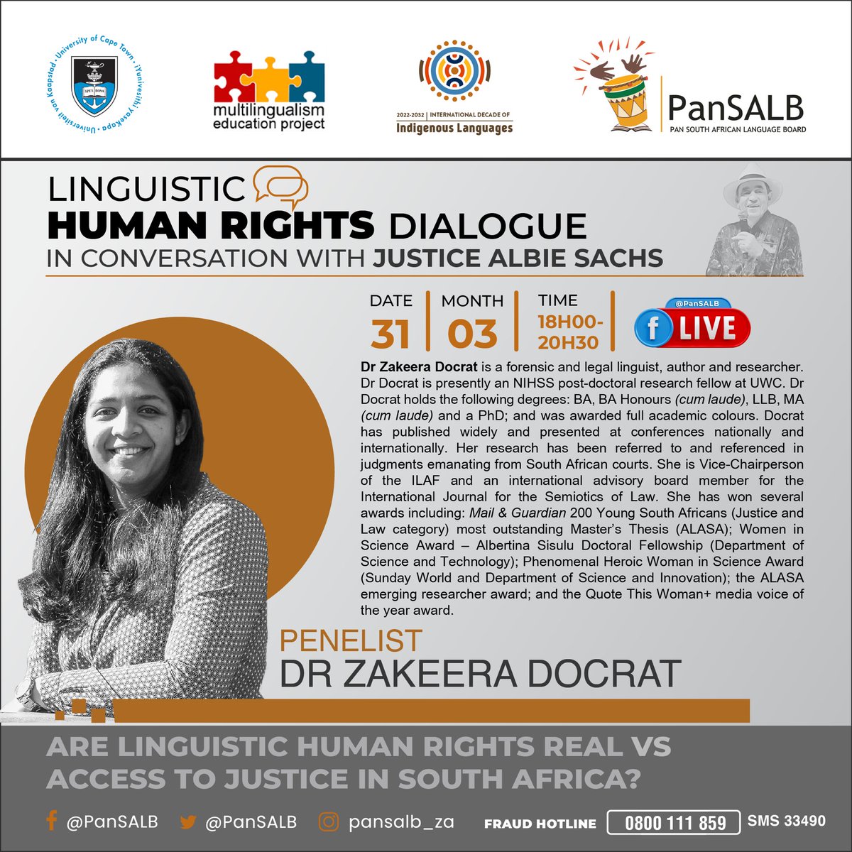 PanSALB's tweet photo. 🔈PANEL MEMBER ANNOUNCEMENT 🔉

We are delighted to announce renowned language rights activist, Dr Zakeera Docrat will be joining us as panel member at our linguistic human rights dialogue event on 31 March @SportArtsCultur #LinguisticRightsAreHumanRights https://t.co/NEziVVmZ2V