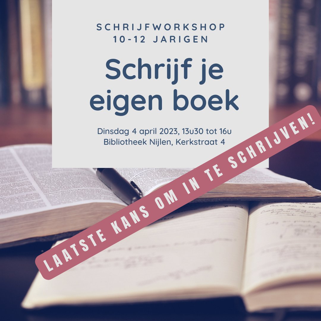 schrijfgoesting's tweet photo. Volgende week geven wij een #schrijfworkshop dus dit is je laatste kans om je #gratis plekje te reserveren! 😍⁠ Meer info op https://t.co/FaJKltejqt⁠

#boeken #schrijven #schrijfgoesting #creativiteit #nijlen #uitinnijlen #uitinvlaanderen #bibliotheeknijlen #lovemyjob https://t.co/j8tZy3NaCt