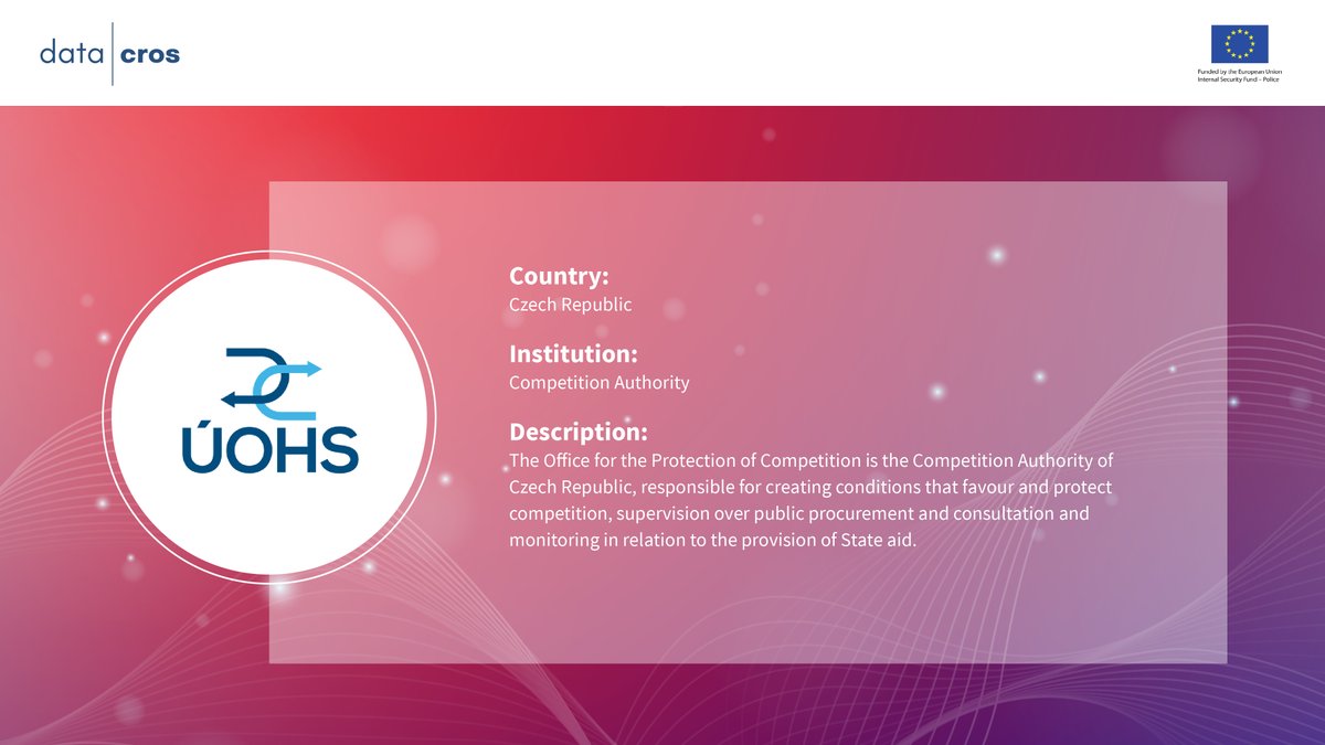 DatacrosIII's tweet photo. 🤝 Meet The Consortium | #DatacrosII
📰 @UOHS_CZ, the Office for the Protection of Competition of Czech state administration, will contribute to the testing of the #platform in the operational trials defined by Competition Authorities.
#ISF #SecurityFund https://t.co/89vtMwz6tU