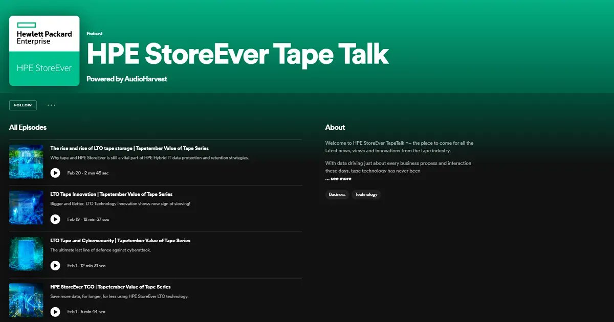 tapevine's tweet photo. Tune into our new Spotify Channel for the latest data archiving and storage industry news. 
https://t.co/gJkVZF92i0 
#storeever #ltotape #spotify #podcast https://t.co/ahcZwFxW23