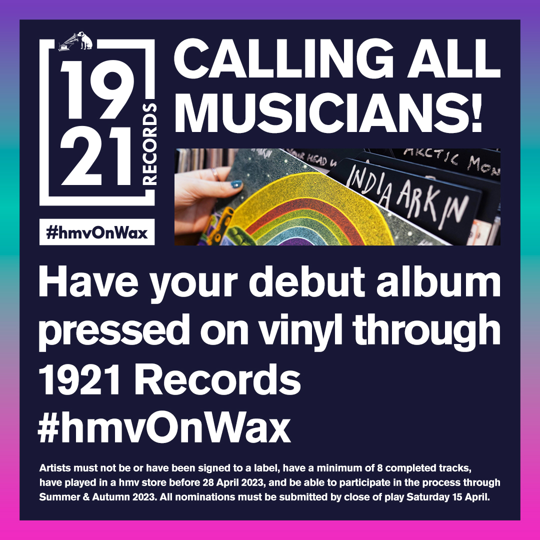 Following on from last year’s launch  of 1921 Records & India Arkin / Home Truths, the search begins for our next artist! 🎵

🤘 Reach out to your local hmv store for more: hmv.com/store-finder

#hmvOnWax #hmvLiveAndLocal #hmv1921records