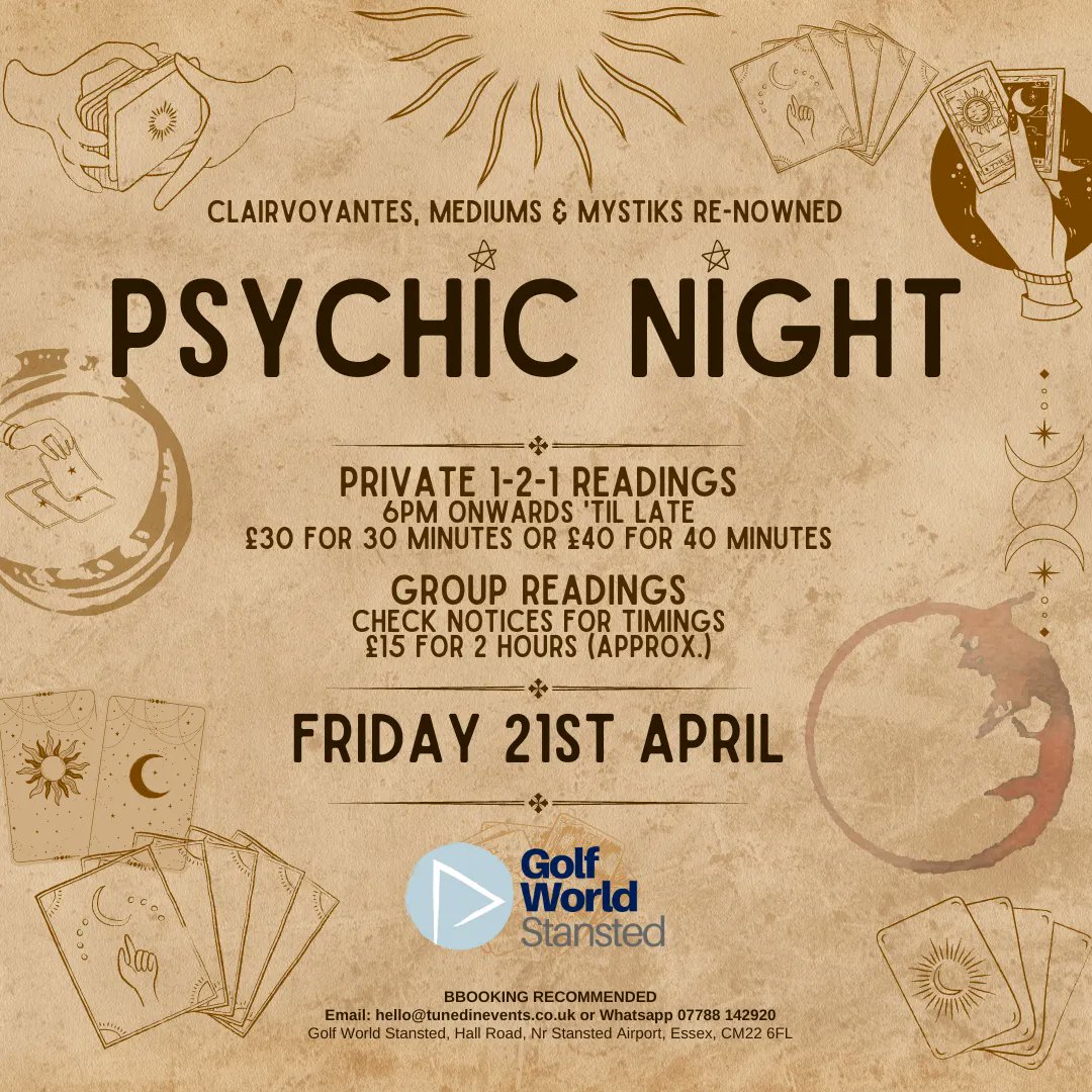 Swipe for details of our PSYCHIC NIGHT coming Friday 21st April! #golfworldstansted #stanstedgolf #psychicnight #tarotcards #tarotreadings