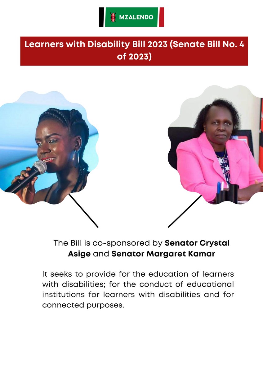 MzalendoWatch's tweet photo. The Bill that is co-sponsored by Senator @CrystalAsige and Senator @prof_kamar seeks to provide for the education of learners with disabilities and for the conduct of educational institutions for learners with disabilities.
Link to the Bill https://t.co/VUBlUV1VPa #InclusionKE https://t.co/51cqUWO5gm