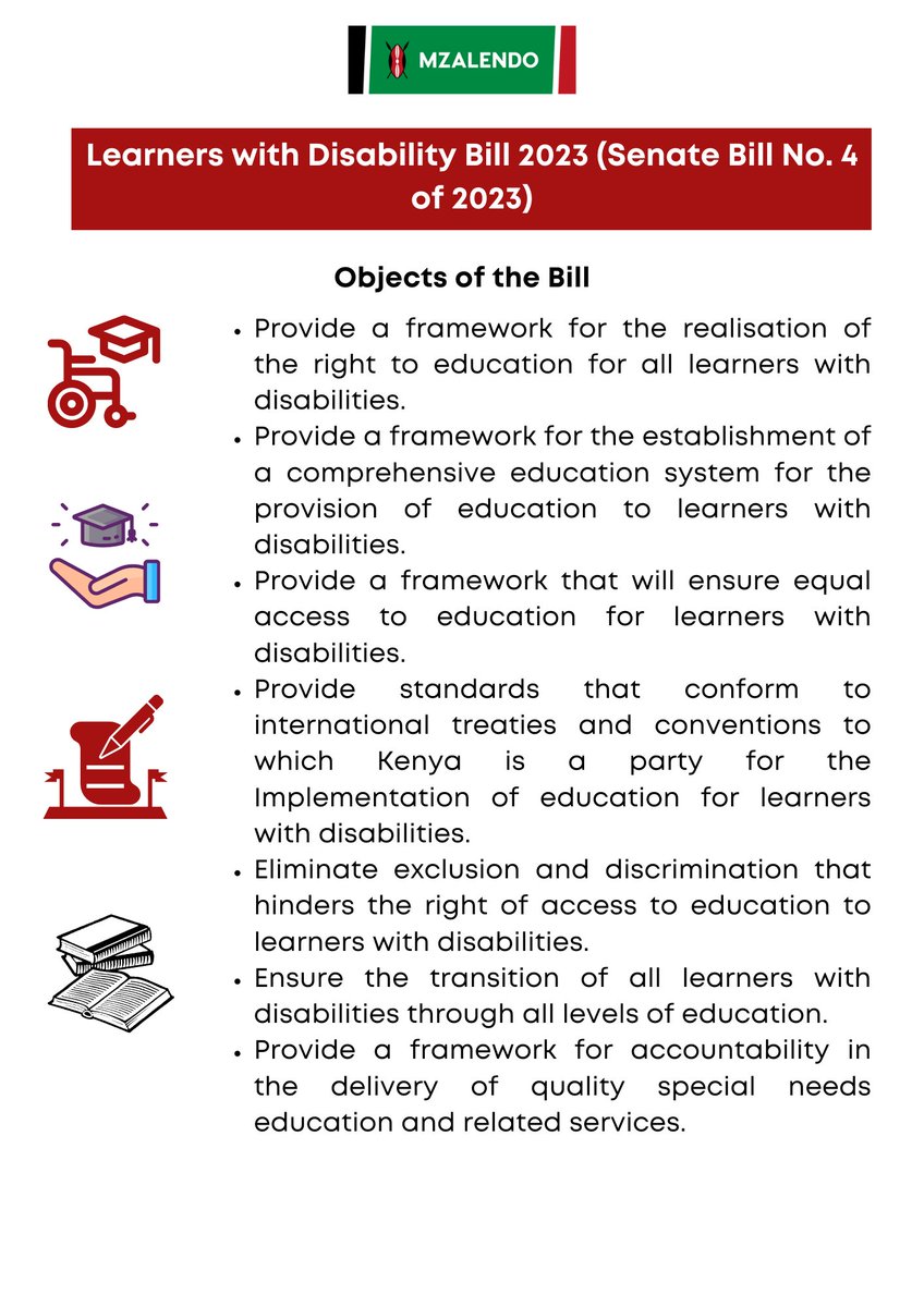 MzalendoWatch's tweet photo. The proposed Bill further seeks to, among other things, ensure the realisation of the right to education for all learners with disabilities, ensure equal access to education for learners with disabilities. Read more👇
#InclusionKE https://t.co/9s7sYjkPnt
