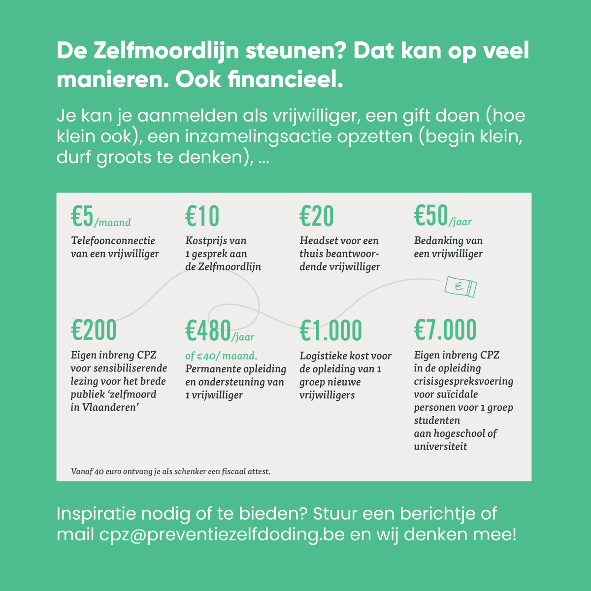 Voor die activiteiten steunt het CPZ ook op jullie bijdrages. Wij zijn erg dankbaar voor jullie mooie, betekenisvolle acties, jullie losse schenkingen en andere initiatieven.

Neem zeker een kijkje op steundezelfmoordlijn.be of stuur ons een berichtje als je meer info zoekt.