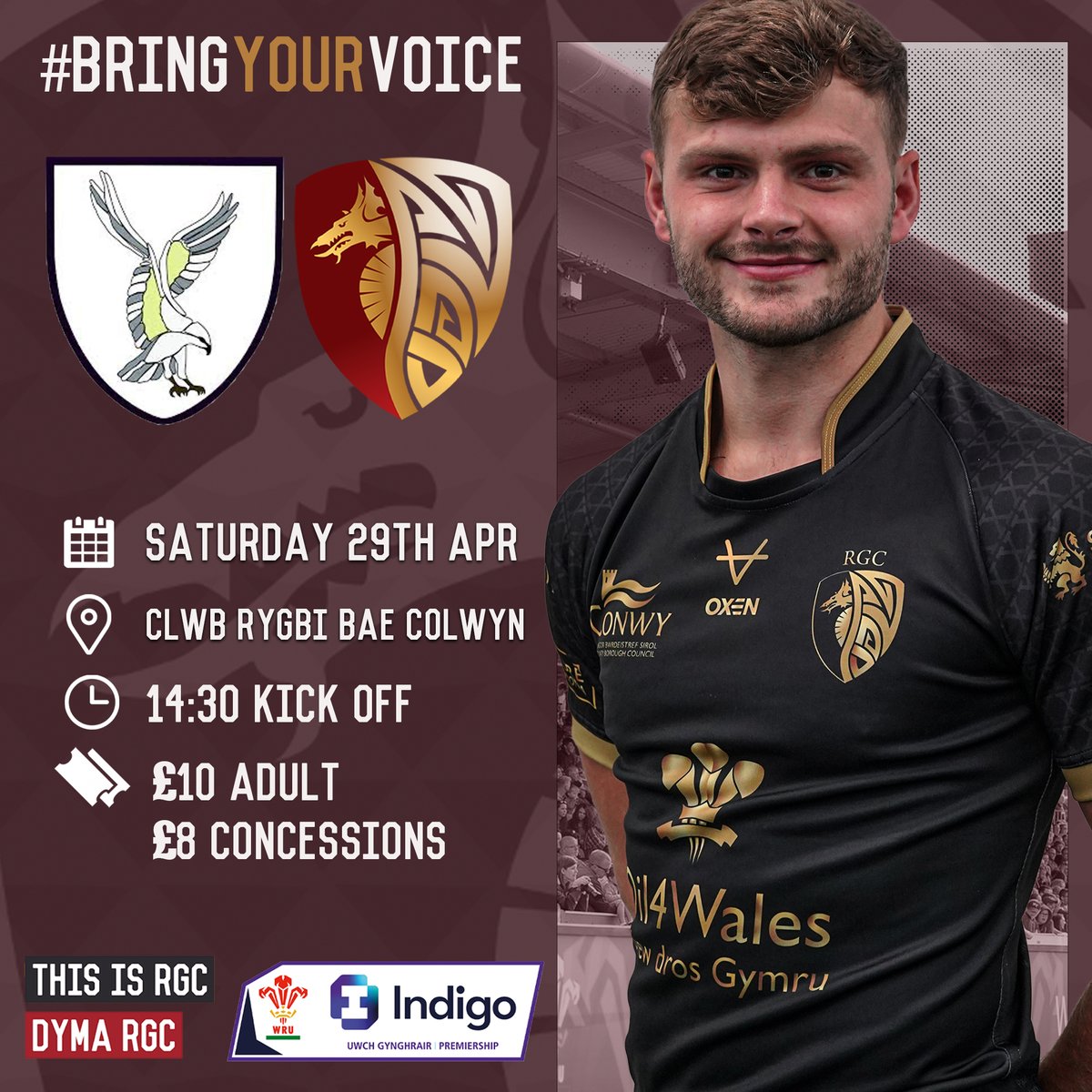 RGCNews's tweet photo. Our final game of the season will be played @ColwynBayRFC  Saturday April 29th. 2.30pm.

Due to the pitch renovation at @StadiwmCSM  the game v @SwanseaRFC  has been relocated. https://t.co/DUDXYvbr0S