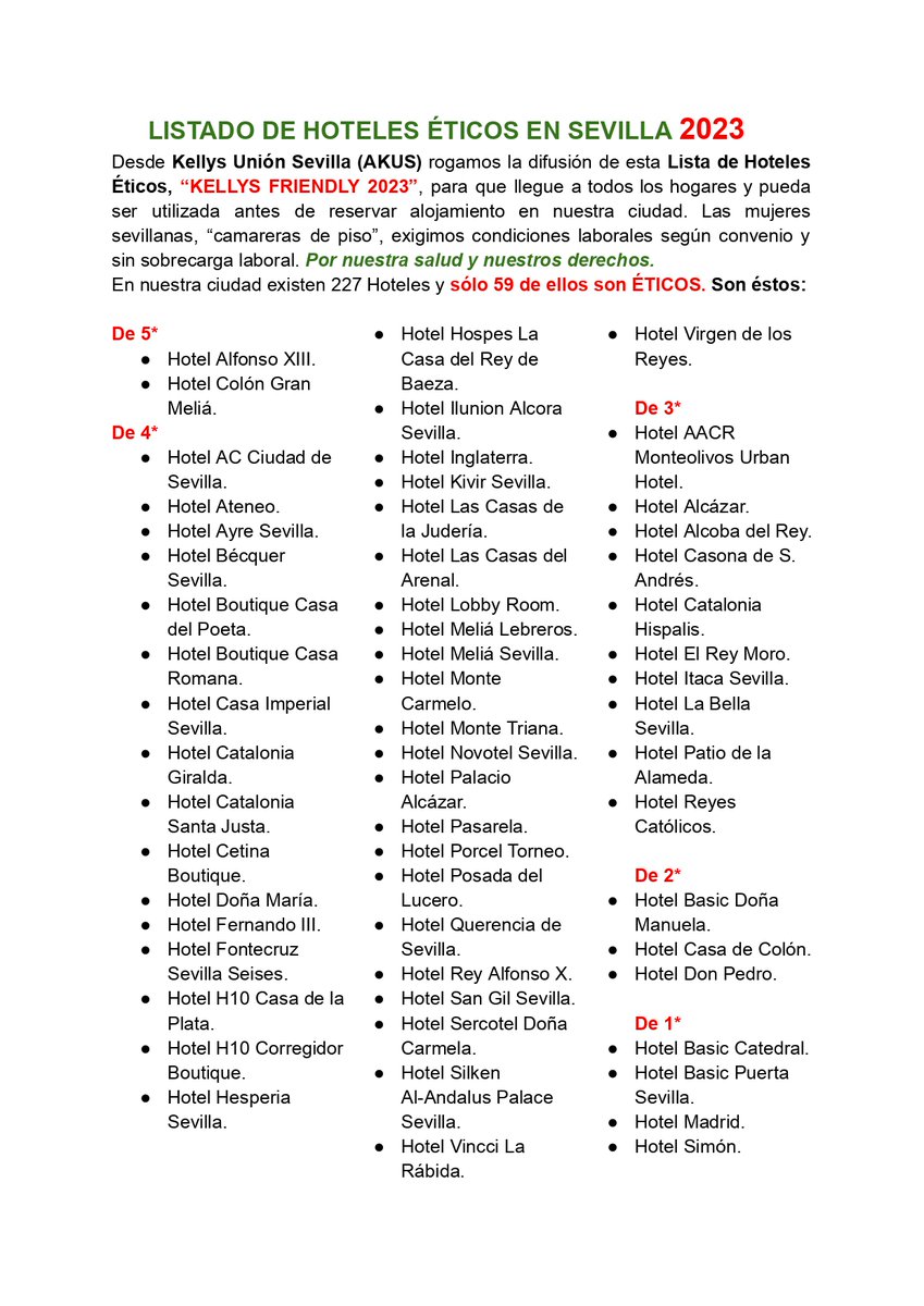 Las Kelis <a href="/Estherr_sal/">Esther Salinas</a> han elaborado el listado de hoteles éticos en Sevilla 2023. Que se conozcan, mejor estos que otros en los que exploten a su personal.  Se agradece retuiteo y que se difunda <a href="/Luisoc09864928/">Luisoc</a> <a href="/luisanca/">Luis de los Santos ۞</a> <a href="/MariaBarreroR/">María Barrero</a>