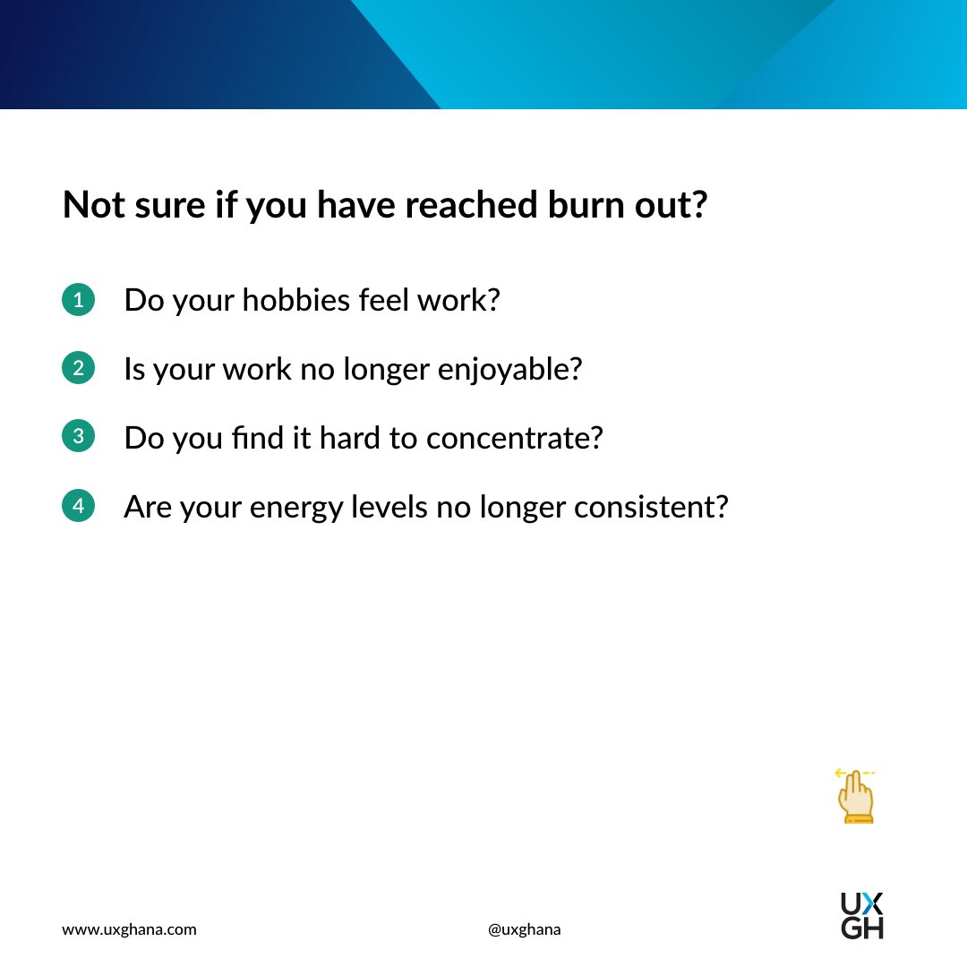 uxghana's tweet photo. Some tips on overcoming or recovering from burnout and how to knock out of it.

#mentalhealth #startups #design #lifestyle #health https://t.co/J4dIFVPisq