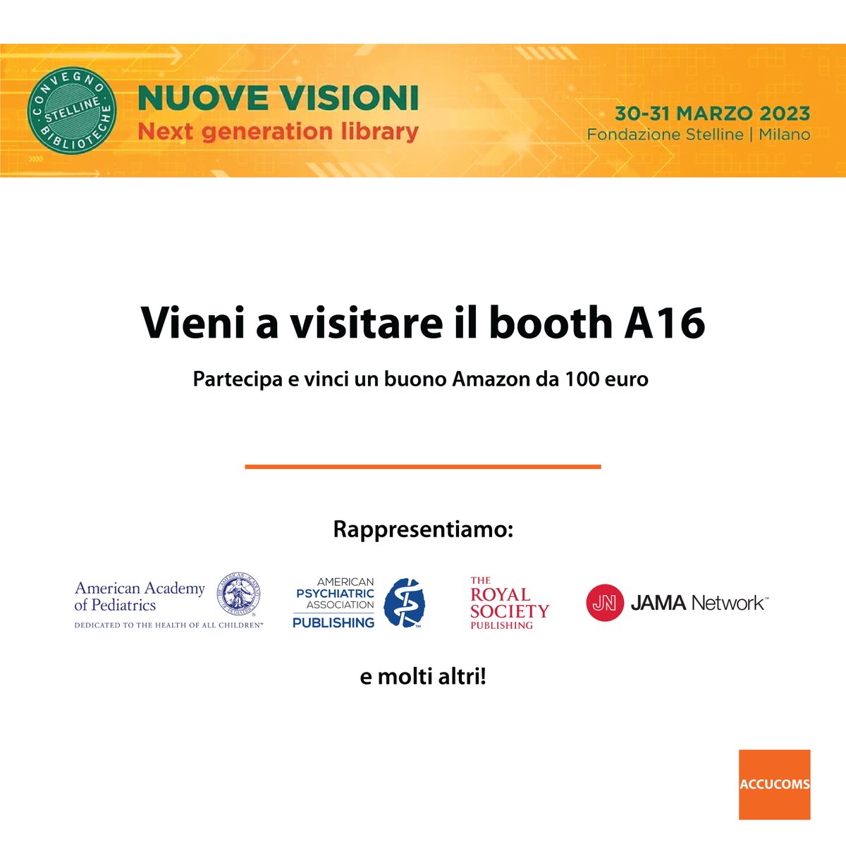 Accucoms (@accucoms) on Twitter photo ACCUCOMS parteciperà al Convegno delle Stelline. Vieni a visitare il booth A16.
Barbara Valcelli, Regional Manager Italy, sarà disponibile per ogni ulteriore informazione relativa ai seguenti editori:<a href="/AmerAcadPeds/">American Academy of Pediatrics</a>, <a href="/APApsychiatric/">American Psychiatric Association</a>, <a href="/RSocPublishing/">Royal Society Publishing</a>, <a href="/JAMA_current/">JAMA</a>, e molti altri! ACCUCOMS parteciperà al Convegno delle Stelline. Vieni a visitare il booth A16.
Barbara Valcelli, Regional Manager Italy, sarà disponibile per ogni ulteriore informazione relativa ai seguenti editori:<a href="/AmerAcadPeds/">American Academy of Pediatrics</a>, <a href="/APApsychiatric/">American Psychiatric Association</a>, <a href="/RSocPublishing/">Royal Society Publishing</a>, <a href="/JAMA_current/">JAMA</a>, e molti altri!