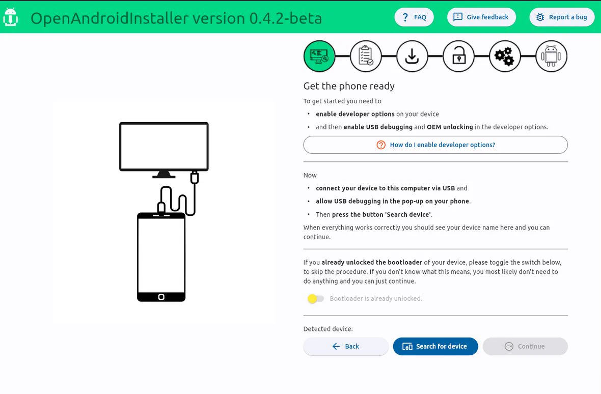 Device preparation screen of the OpenAndroidInstaller version 0.4.2-beta.