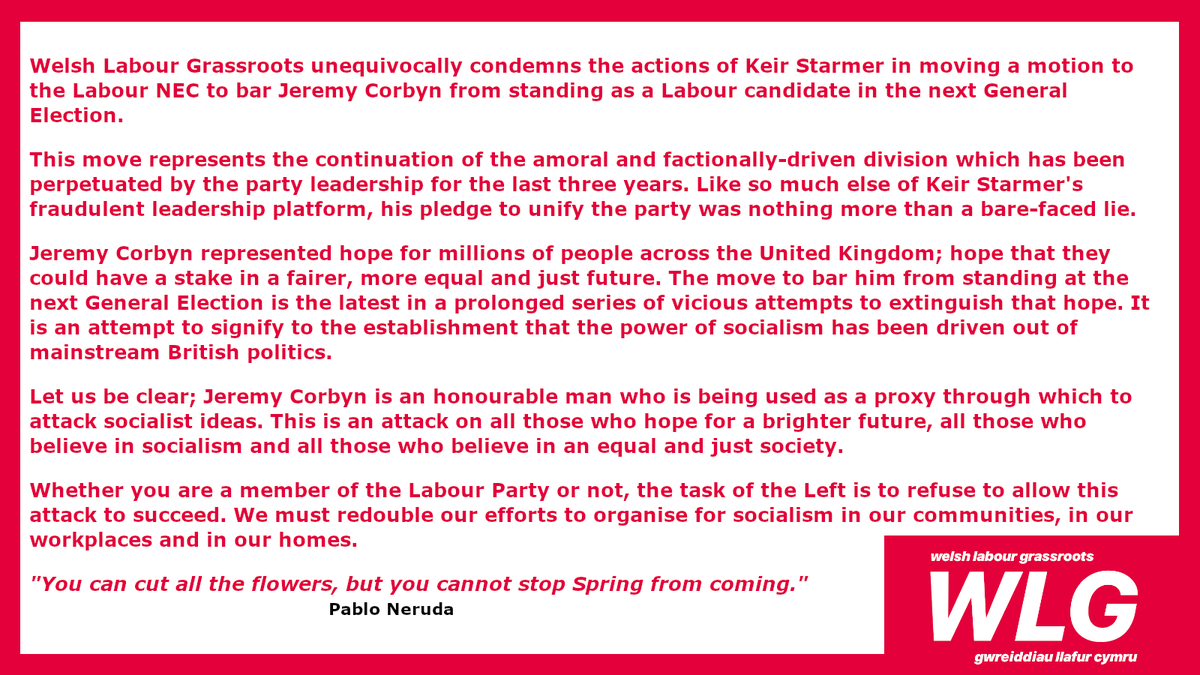 WLGrassroots's tweet photo. Keir Starmer's motion to today's NEC is a direct attack on British socialism.

WLG unequivocally condemns the Labour leadership's campaign to delegitimise the hope of millions that was inspired by Jeremy Corbyn.

NEC reps must vote against this baseless, reprehensible motion: https://t.co/On6mOAhtTo