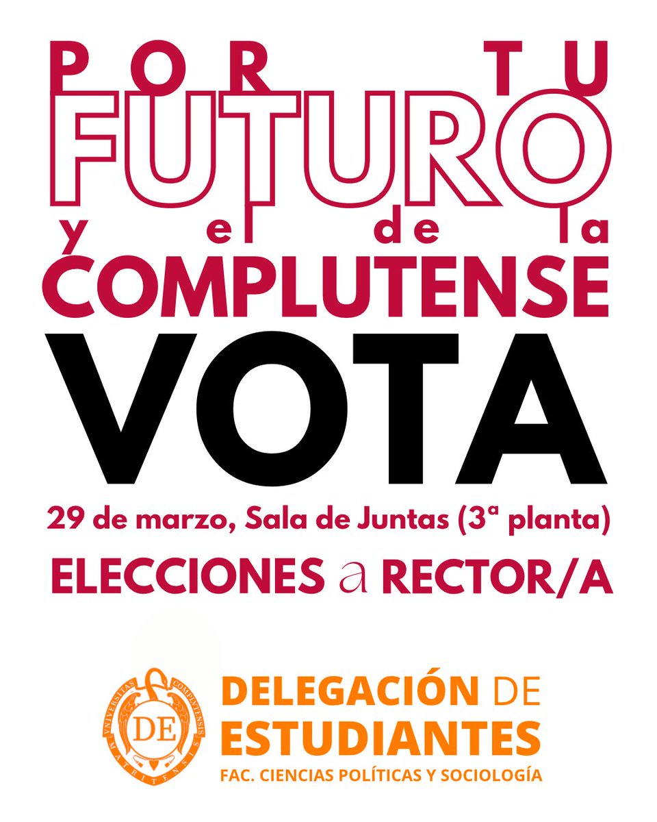 En la primera vuelta menos de un 10% de los estudiantes votó (y somos más de 65.000). En las últimas elecciones nuestro voto fue importantísimo para elegir al rector, y en estas también lo puede ser. Mañana acude a votar 🗳️ 
29/03
📍 Sala de Juntas de nuestra Facultad (3° planta)