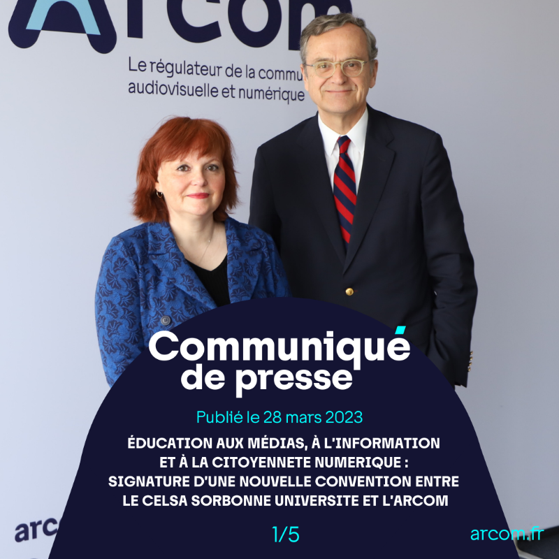 Arcom_fr's tweet photo. 📣 Éducation aux médias, à l’information et à la citoyenneté numérique : signature d’une nouvelle convention entre le @CELSA_Officiel et l’@Arcom_fr 🔽 #SPME2023