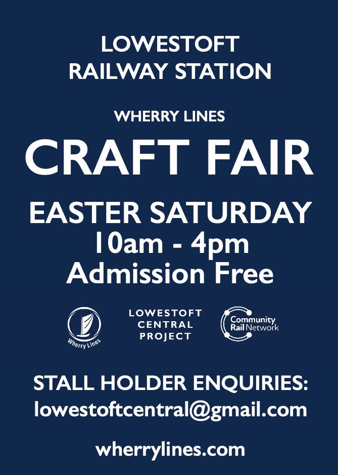 Indoor tables for our <a href="/WherryLines/">Wherry Lines</a> #Easter Saturday #Craft Fair at <a href="/greateranglia/">Greater Anglia</a> #Lowestoft station on April 8 are now sold out but we do have outdoor pitches available with some free spaces for local charities and community groups. More info email lowestoftcentral@gmail.com