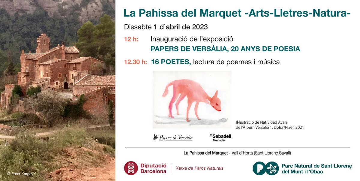 Hi sou convidats! Dissabte 1 d'abril inaugurem una nova exposició a la Pahissa del Marquet -Arts-Lletres- Natura- 12 h Inauguració de l'exposició Papers de Versàlia, 20 Anys de poesia. 12.30 h,  16 POETES, lectura de poemes a càrrec dels actors Enric López i Rosa Renom,
