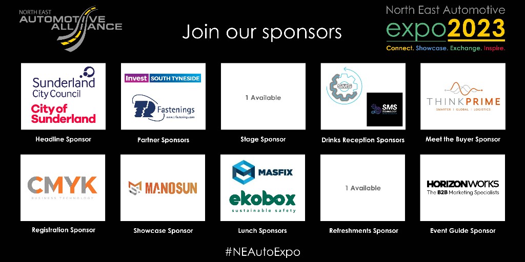 NEAutoAlliance's tweet photo. Big thank you to repeat #NEAutoExpo sponsors for 2023 - who help make this flagship automotive event possible. https://t.co/maosrgi34B
@InvestSundUK 
@STyneBusiness 
@trfastenings 
@ThinkPrimeUK 
@SMS_UK2020 
#SMSTechnology
#CMYK
#Manosun
@Masfix1982 
@ekobox1 
@HorizonWorks https://t.co/4WSkMHPlKB