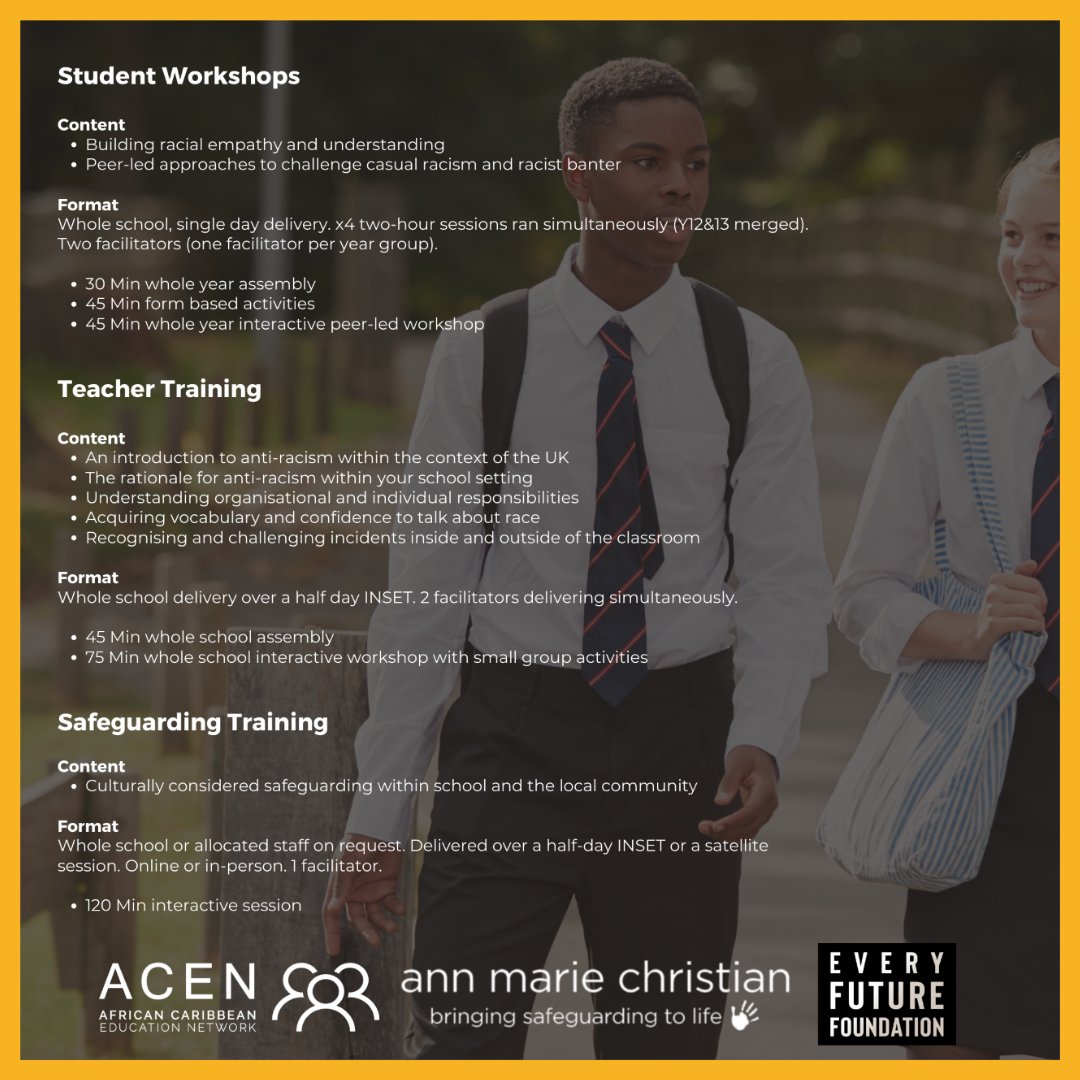 We have collaborated with @ACEN_UK and @Annmariechild to build a new program for boarding schools which takes a whole school approach to tackling racism. 
Visit aceducationnetwork.com/boarding-schoo… to learn more!
 
#education #boardingschoolsuk #antiracism #antiracisteducation #workshop