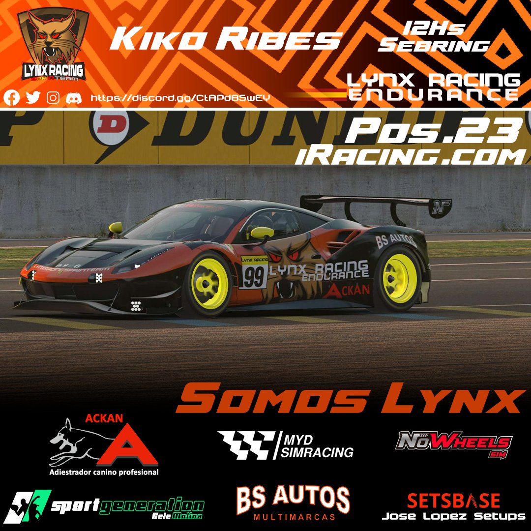 LynxRacingSpain's tweet photo. Bueno pues ahí os paso la posición final de las dos resistencias que hemos tenido este fin de semana pasado.
@cerv2022 @iRacing #assettocorsacompetizione
Grandes sois chavales
@kikorh99 @perfect_nich #adriansanchez @BanksyGotSwag
Colaboradores
@NoWheelsSim
@JOSE2K2
@infoackan https://t.co/Fak9ZOYl94
