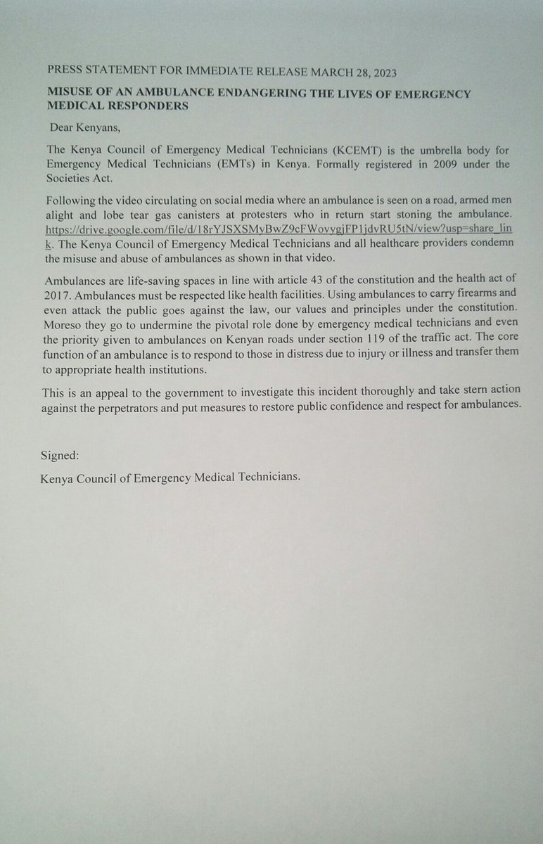 KCEMTKenya's tweet photo. This is an appeal to government to investigate this incident thoroughly and take stern action against the perpetrators and put measures to restore public confidence and respect for ambulances. https://t.co/n3nFlu7xc4