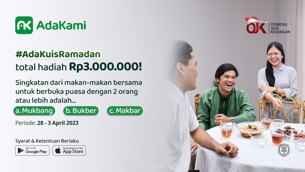 Hayooo, pilih dan tulis jawaban kamu di kolom komentar sekarang! Nanti 3 yang paling beruntung bakal Mimin kirimin THR, loh!😆

1. Tulis jawaban yang benar sebanyak-banyaknya, tag 3 temanmu, dan tambahkan hashtag #AdaKuisRamadan
2. Follow Twitter AdaKami~