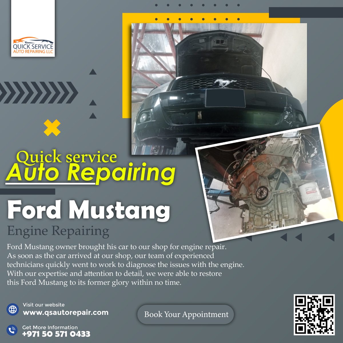 Ford Mustang owner brought his car to our shop for engine repair.  With our expertise and attention to detail, we were able to restore this Ford Mustang to its former glory within no time.
qsautorepair.com

#electrical #minorservice #engineoil #autorepairs #carrepair