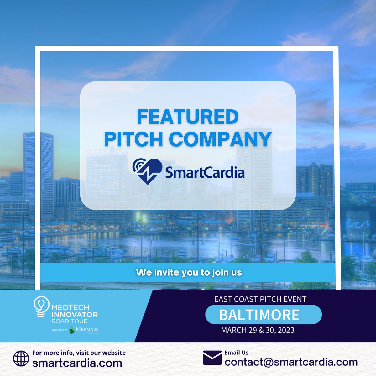 smartcardia's tweet photo. We are pleased to announce that our company will participate in the MedTech innovator road tour, East Coast Pitch event in Baltimore on March 29 and 30, 2023. 

#smartcardia #ecgpatch #event #medtechinnovator #MedTech https://t.co/hdZKtCUbZm