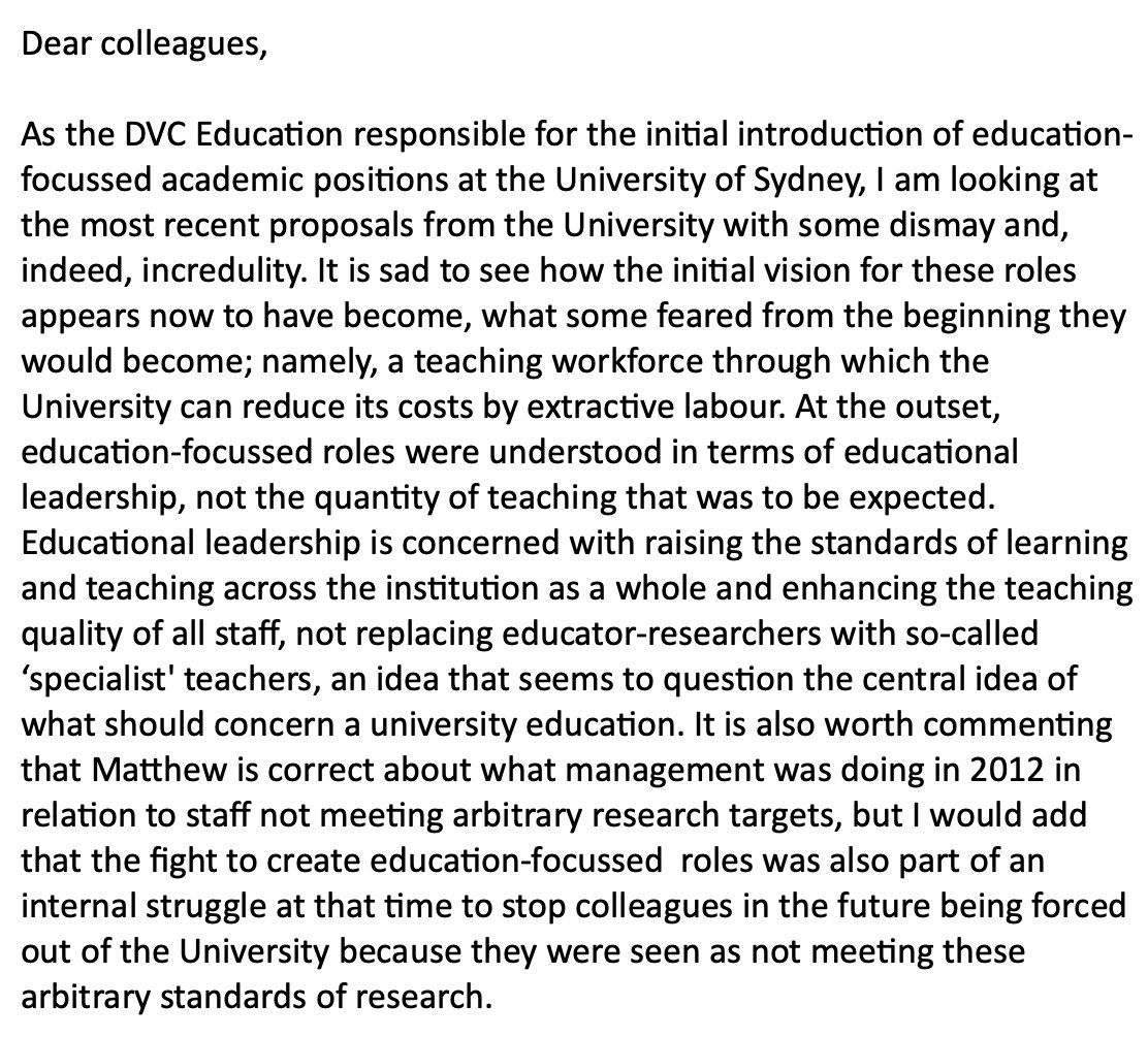 NickRiemer1's tweet photo. 'Dismay and incredulity' that education-focussed roles are seen by @Sydney_Uni management as just a way to reduce costs by extractive labour. Quite a bombshell here from Derrick Armstrong, 2008-2013 DVC (Education) at the university, responsible for introducing EFRs. https://t.co/bilWqE9Bmb