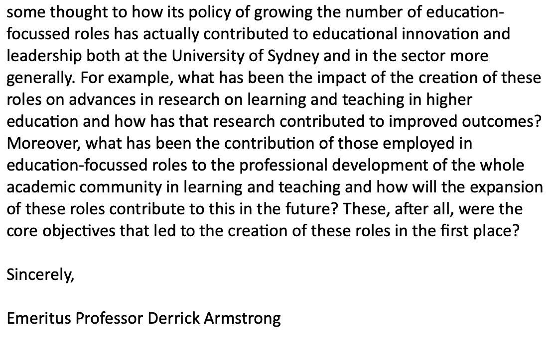 NickRiemer1's tweet photo. 'Dismay and incredulity' that education-focussed roles are seen by @Sydney_Uni management as just a way to reduce costs by extractive labour. Quite a bombshell here from Derrick Armstrong, 2008-2013 DVC (Education) at the university, responsible for introducing EFRs. https://t.co/bilWqE9Bmb
