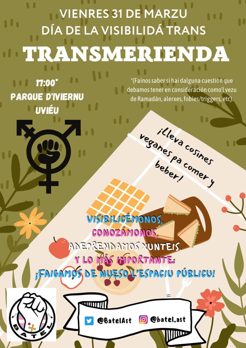 BatelAst's tweet photo. Esti vienres convidámoste a que participes con nós na nuesa Transmerienda (espaciu non mixtu) pa celebrar el Día de la Visibilidá Trans y conocenos ente toeis. https://t.co/7yo4tRLIxw