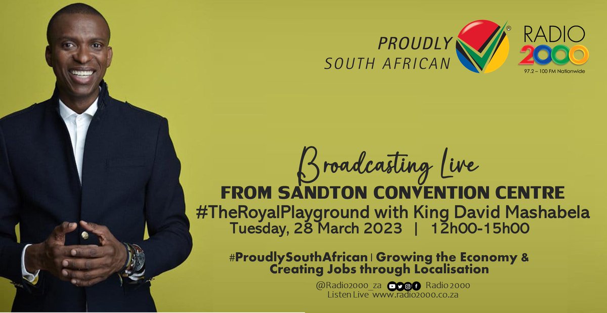 Good afternoon Kings and Queens 👑, welcome to the Tuesday edition #TheRoyalPlayground coming to you live at Sandton Convention Centre with <a href="/DavidMashabela/">King David</a> | It's good to have you here 🤗

#ProudlySouthAfrican
#BuyLocalSummit

<a href="/Radio2000_ZA/">Radio 2000</a>