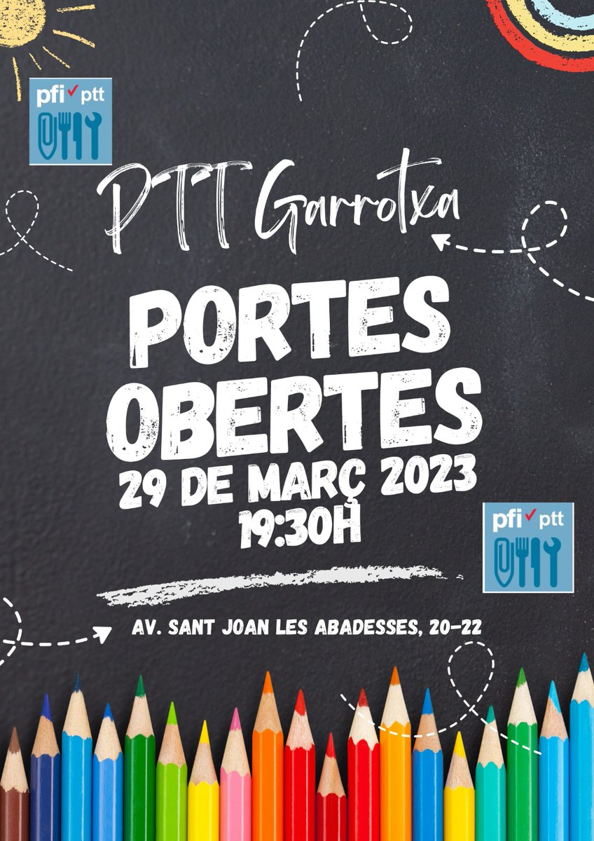 GarrotxaPtt's tweet photo. 👩‍👩‍👧‍👧✏️👀Famílies, alumnes!
RECORDEU👇👇👇
DEMÀ 19:30 PORTES OBERTES AL @GarrotxaPtt https://t.co/s6yh0ZGJ88