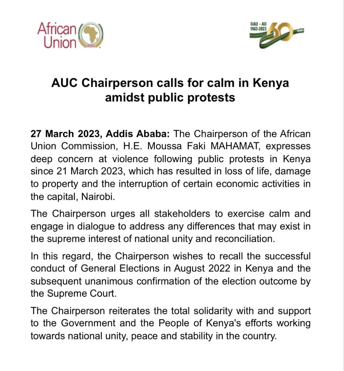 IrisNews_'s tweet photo. #InTheRegion| Amidst public protests over the cost of living in #Kenya, @_AUC_MoussaFaki is calling for a peaceful resolution through constructive dialogue for the greater good of the nation.
#Maandamano https://t.co/eljaBWKlXT