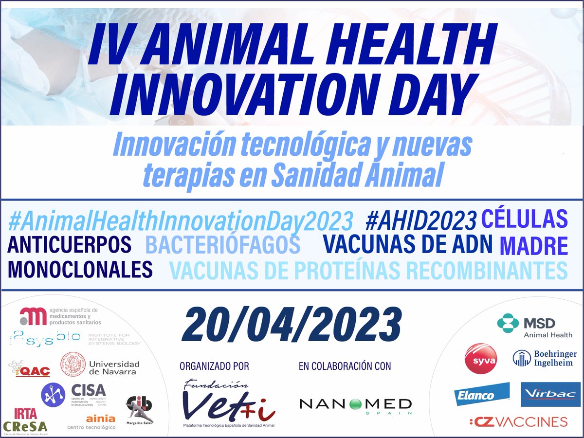 Vetmasi's tweet photo. Más de 200 inscritos en el #AnimalHealthInnovationDay2023 el 20/04 de Innovación tecnológica/nuevas terapias #SanidadAnimal ➡️ #bacteriofagos #anticuerposmonoclonales #vacunasADN #celulasmadre #recombinantes ¿Te lo vas a perder?  
#AHID2023 Inscríbete en https://t.co/Og23lM2h8l https://t.co/zkOu4N12rO