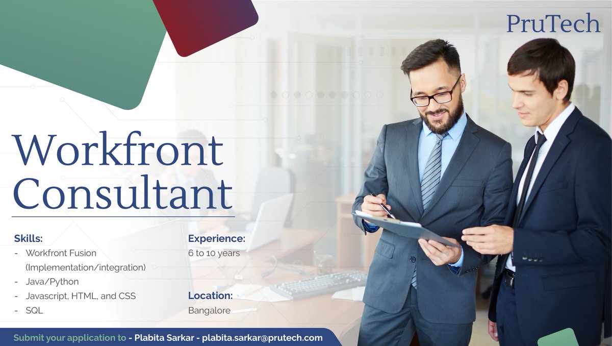 We are hiring Workfront  Consultant with 6-10 years of experience for Bengaluru Locations. Submit your application to plabita.sarkar@prutech.com. #workfrontconsultant #bengalurujobs #workfrontfusion #java #python #javascript #sql #htmlcss