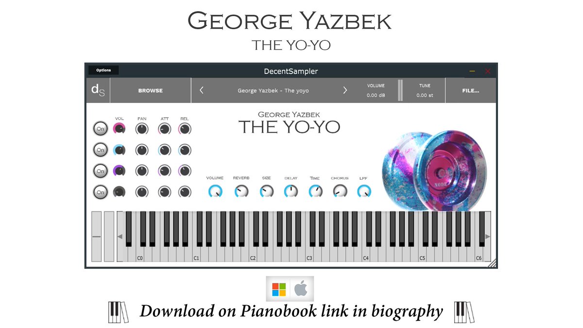 My latest sample library (The Yo-Yo) 
Downlaod it for free On @pianobook_ 
It's a #decentsampler sample library @dhilowitz 
Download link 👇
pianobook.co.uk/packs/the-yoyo/

#samplelibrary #samplist #composer #sounddesign #producer