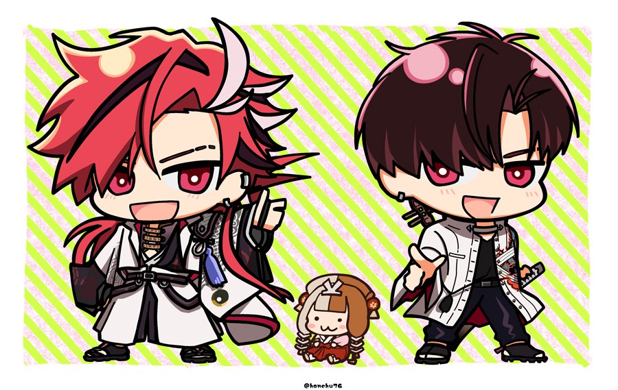 chibi red hair red eyes multiple boys streaked hair white jacket eyebrow cut  illustration images