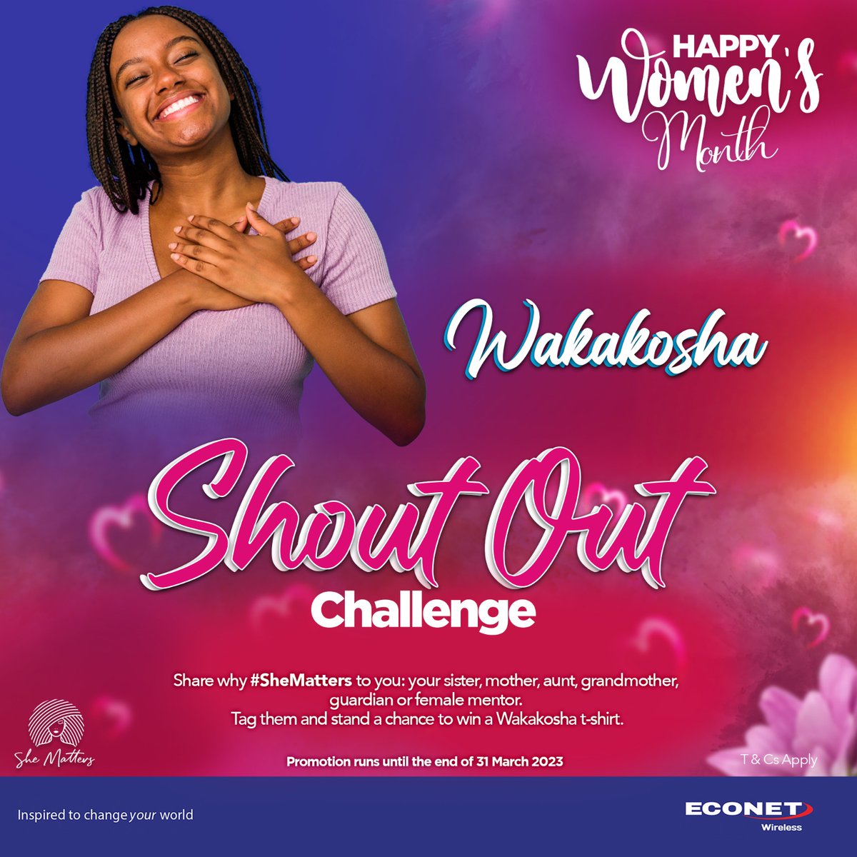 To celebrate Women's Month, shout out to a special woman in your life and share why #SheMatters.

Comment and tag @econetzimbabwe, use the hashtag #Wakakosha and stand a chance to win a fabulous Wakakosha T-Shirt.

Happy Women's Month Buddies. Let's go 😊