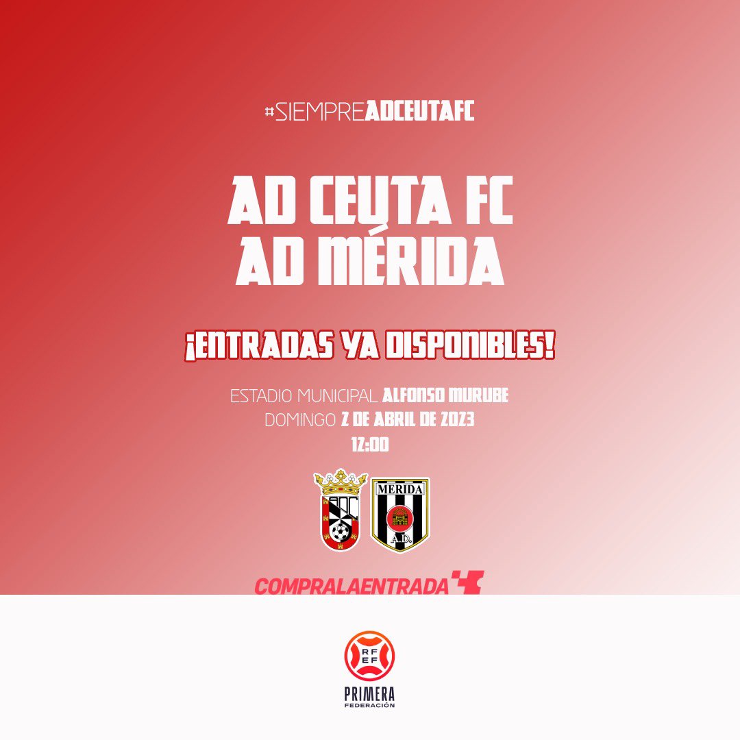 ADCeuta_FC's tweet photo. ¡REVIENTA MURUBE! 🔥🏟️

¡¡¡Todos juntos somos imparables!!! 🚀

ENTRADAS YA A LA VENTA 👇

PROMOCIÓN ESPECIAL para el #CeutaMérida‼️

➡️Todos los abonados podéis retirar no una, DOS entradas en gol gratis (Sólo online, gastos de gestión 0,97€) https://t.co/IXL5bVB40N