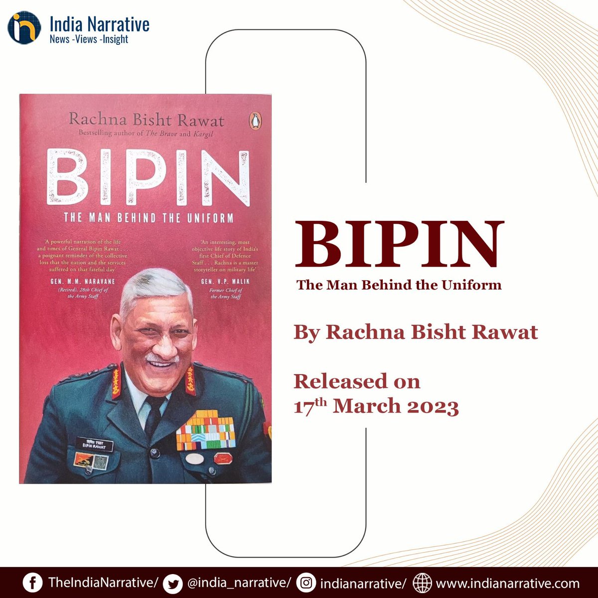 india_narrative's tweet photo. 'Bipin: The Man Behind the Uniform' is the story of the NDA cadet who was relegated in the third term for not being able to do a mandatory jump into the swimming pool (1/5)
#INBooks https://t.co/oy4paOUddt
