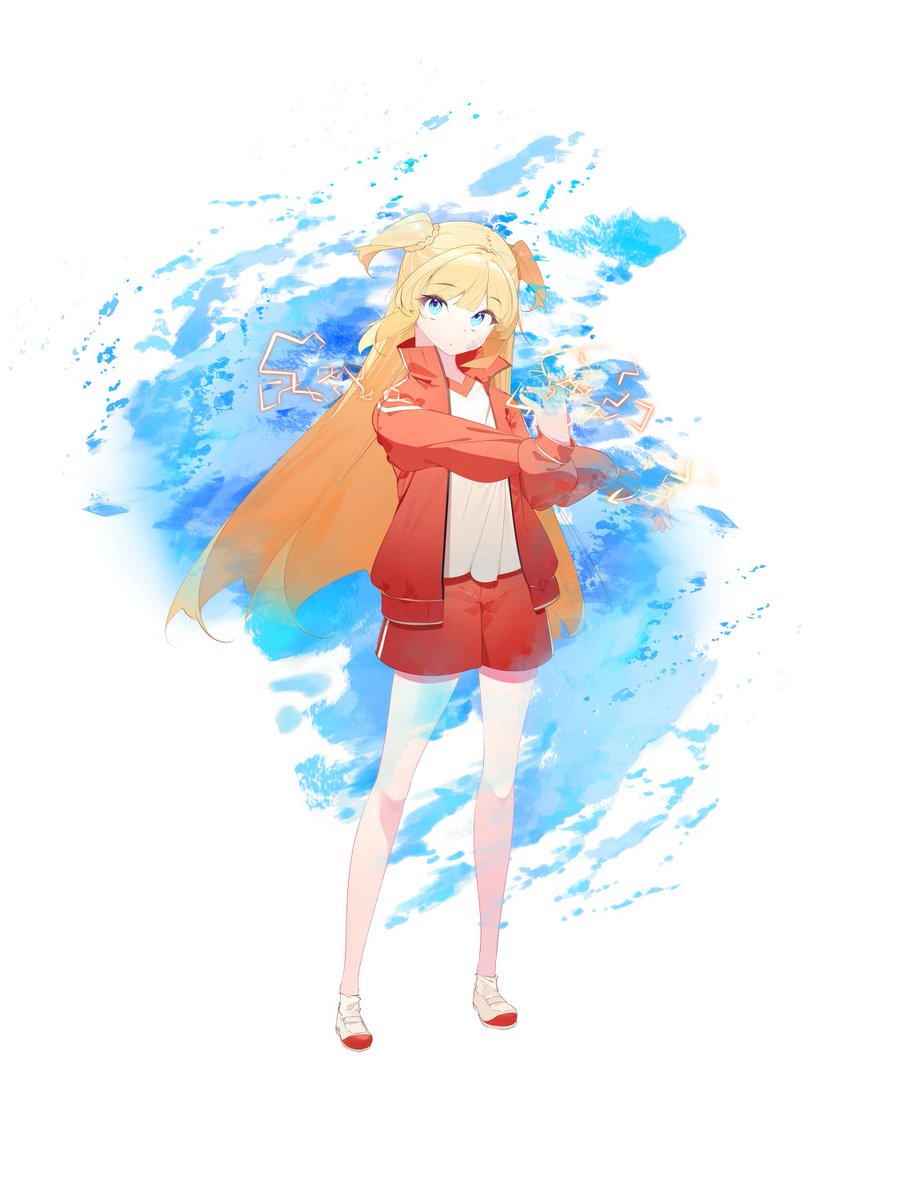 1girl solo jacket blonde hair shorts red jacket long hair  illustration images